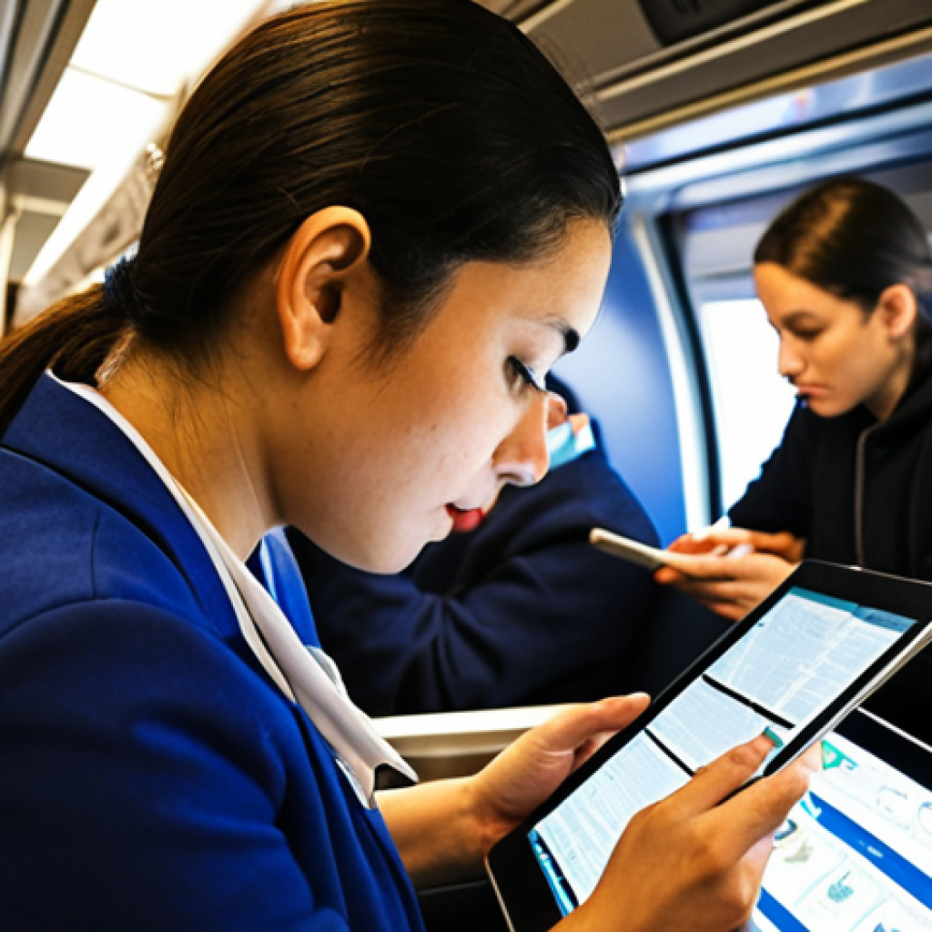 ** A motivated individual studying culinary techniques on a tablet during a commute, surrounded by fellow passengers. Focus on the juxtaposition of a busy environment with focused learning.

**