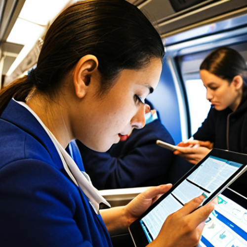Home 4 ** A motivated individual studying culinary techniques on a tablet during a commute, surrounded by fellow passengers. Focus on the juxtaposition of a busy environment with focused learning.
**