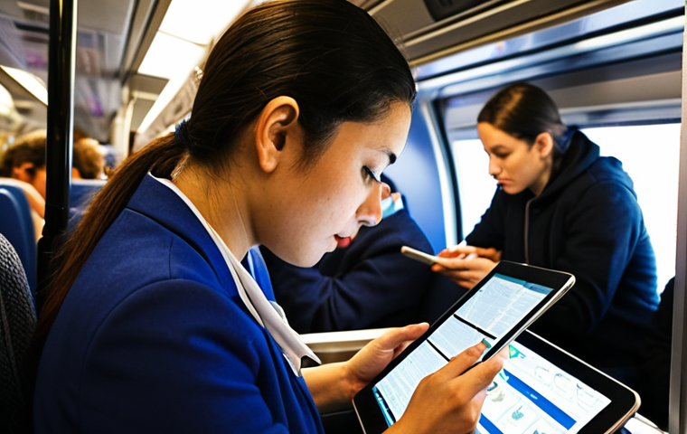 ** A motivated individual studying culinary techniques on a tablet during a commute, surrounded by fellow passengers. Focus on the juxtaposition of a busy environment with focused learning.
**