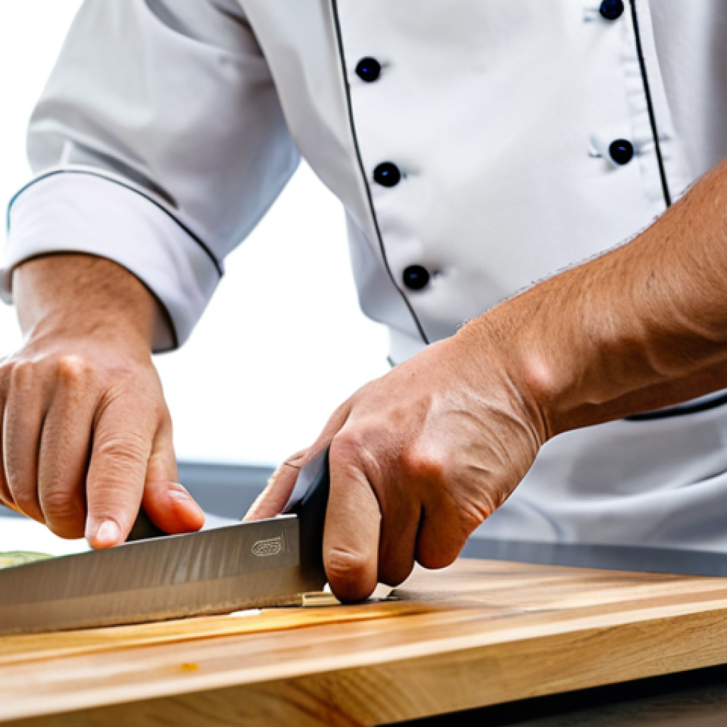 A focused professional chef in a clean, modest chef's jacket and apron, fully clothed, meticulously slicing fresh tuna with a precise Santoku knife on a pristine wooden cutting board. The modern kitchen environment is bright and organized, with stainless steel counters and soft natural light. The chef is shown with perfect anatomy, correct proportions, well-formed hands, and a natural pose, demonstrating intense concentration and respect for the ingredient. This professional photography captures high-quality details, clean lines, and a natural color palette, creating a safe for work, appropriate content, family-friendly image.