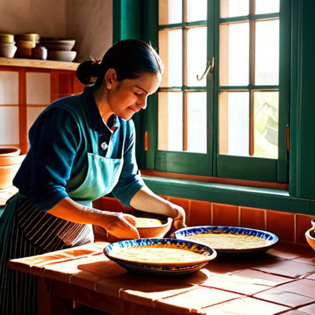 **
"A cozy Spanish kitchen scene. Sunlight streams through a window onto a terracotta-tiled floor. A woman in a comfortable *bata* is preparing *tortilla española* on a wooden countertop, surrounded by colorful ceramic bowls and ingredients. Warm, inviting atmosphere, rustic charm, high-resolution, detailed, safe for work."
**