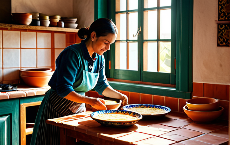 **
"A cozy Spanish kitchen scene. Sunlight streams through a window onto a terracotta-tiled floor. A woman in a comfortable *bata* is preparing *tortilla española* on a wooden countertop, surrounded by colorful ceramic bowls and ingredients. Warm, inviting atmosphere, rustic charm, high-resolution, detailed, safe for work."
**