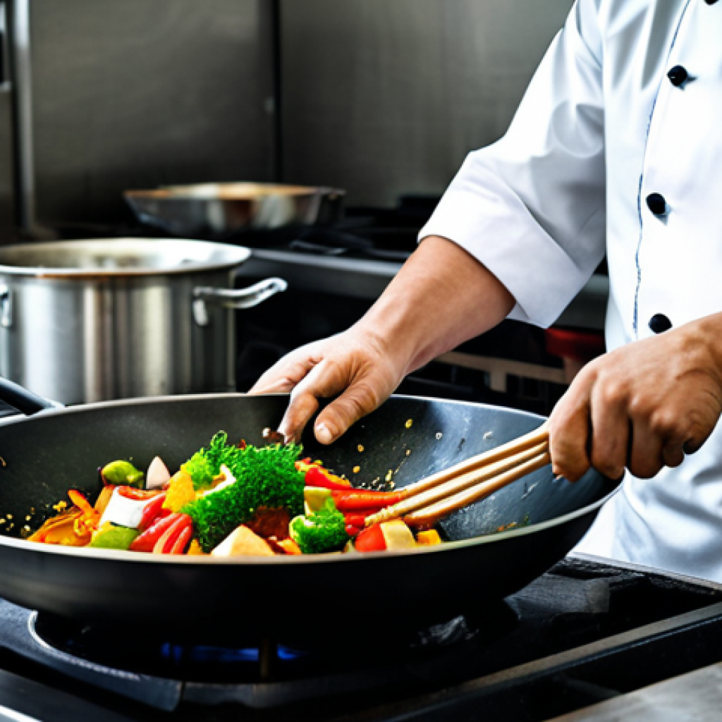 Wok Master**
A professional chef, fully clothed in a clean chef's uniform, skillfully stir-frying vegetables in a hot wok in a commercial kitchen environment, appropriate attire, perfect anatomy, well-formed hands, safe for work, professional cooking scene, modest, high quality, vibrant colors.
**