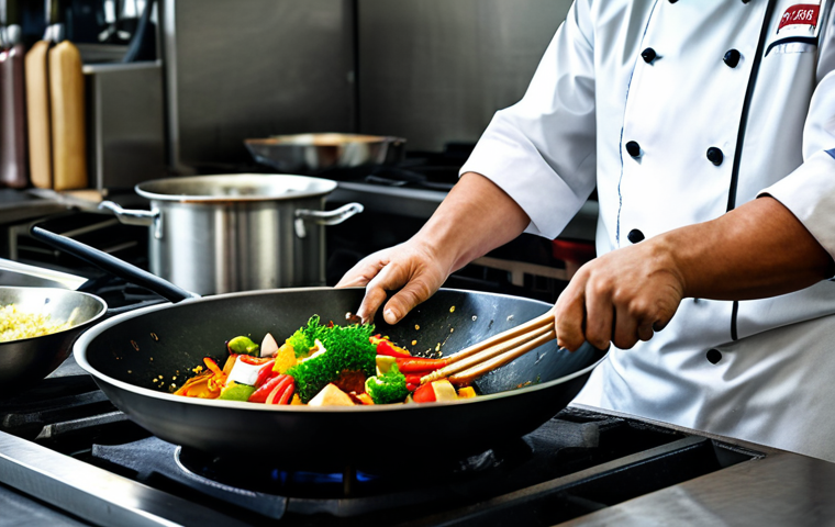 Wok Master**
A professional chef, fully clothed in a clean chef's uniform, skillfully stir-frying vegetables in a hot wok in a commercial kitchen environment, appropriate attire, perfect anatomy, well-formed hands, safe for work, professional cooking scene, modest, high quality, vibrant colors.
**