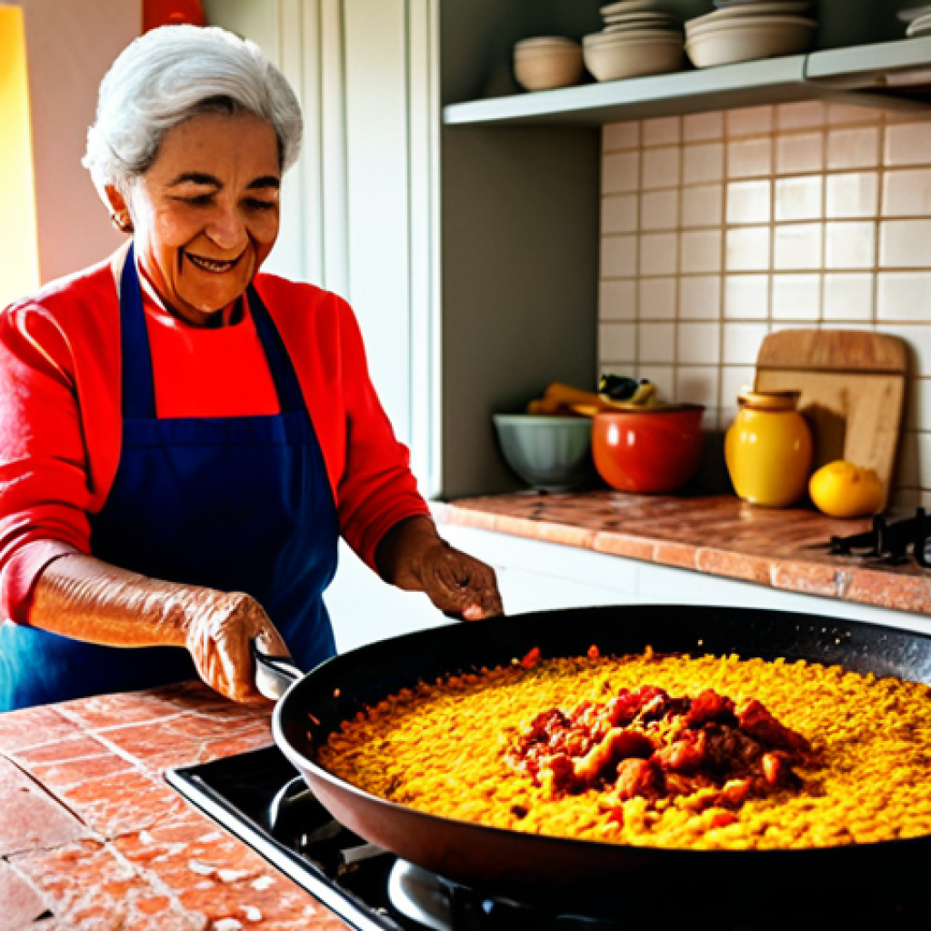 중식조리 자격증 필기 기출문제 분석 - **A vibrant Spanish kitchen scene:** A cheerful abuela preparing paella in a sun-drenched kitchen fi...