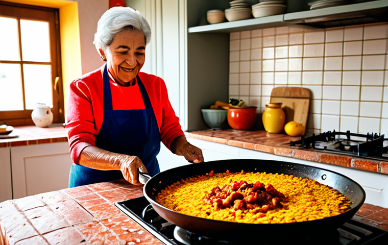 중식조리 자격증 필기 기출문제 분석 - **A vibrant Spanish kitchen scene:** A cheerful abuela preparing paella in a sun-drenched kitchen fi...