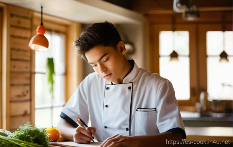 조리 자격증 필기 시험 준비법 - **Prompt:** A young, focused culinary student (18-25 years old, gender-neutral, wearing a clean whit...